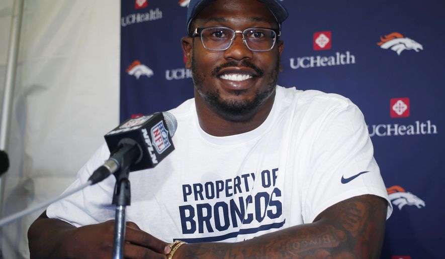 Denver Broncos outside linebacker Von Miller listens to a question during a news conference before the team&#x27;s opening of training camp Wednesday, July 27, 2016 in Englewood, Colo. (AP Photo/David Zalubowski)