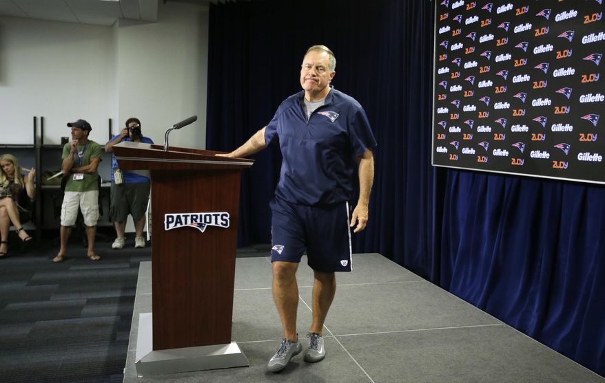 New England Patriots head coach Bill Belichick steps away from the podium after taking questions from reporters during a news conference at Gillette Stadium, Wednesday, July 27, 2016, in Foxborough, Mass. The Patriots&#x27; NFL football training camp is to begin Thursday, July 28. (AP Photo/Steven Senne)