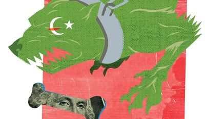 Illustration on the relationship between Pakistani government corruption and the rise of Islamist violence by Linas Garsys/The Washington Times