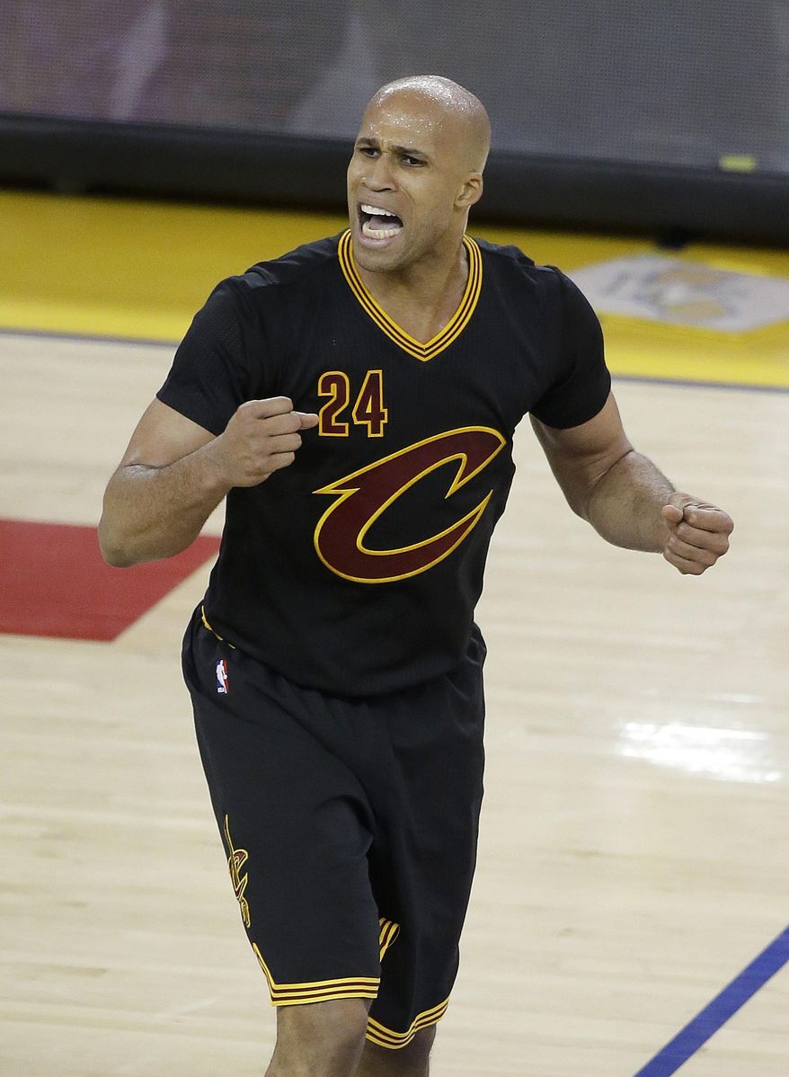 File-This June 13, 2016, file photo shows Cleveland Cavaliers forward Richard Jefferson (24) reacting to a call during the second half of Game 5 of basketball's NBA Finals against the Golden State Warriors in Oakland, Calif. Jefferson has re-signed with the NBA champion Cavaliers for two seasons after saying he would retire. Jefferson announced his return earlier this month on his Snapchat account, and the team made it official Thursday, July 28, 2016.(AP Photo/Eric Risberg, File)