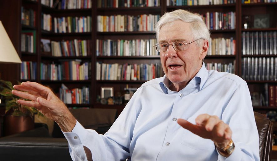 FILE - In this photo May 22, 2012 file photo, Charles Koch speaks in his office at Koch Industries in Wichita, Kansas. Billionaire industrialist and conservative benefactor Koch is hosting hundreds of the nation's most powerful political donors this weekend in Colorado. The exclusive gathering at the foot of the Rocky Mountains is open to donors who promise to give at least $100,000 each year to Koch-approved groups. The Koch network has avoided supporting Donald Trump's presidential campaign so far. (Bo Rader/The Wichita Eagle via AP, File)