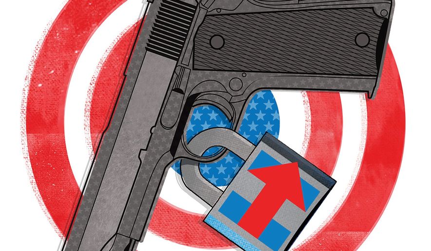 Illustration on a potential Clinton administration&#39;s threat to Second Amendment rights by Linas Garsys/The Washington Times