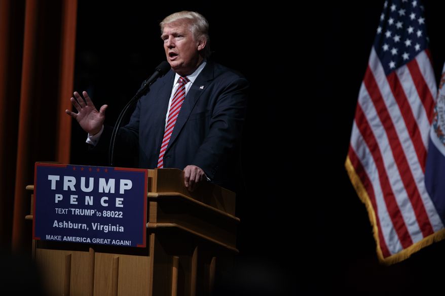 Republican presidential candidate Donald Trump speaks during a campaign rally at Briar Woods High School, Tuesday, Aug. 2, 2016, in Ashburn, Va. (AP Photo/Evan Vucci)