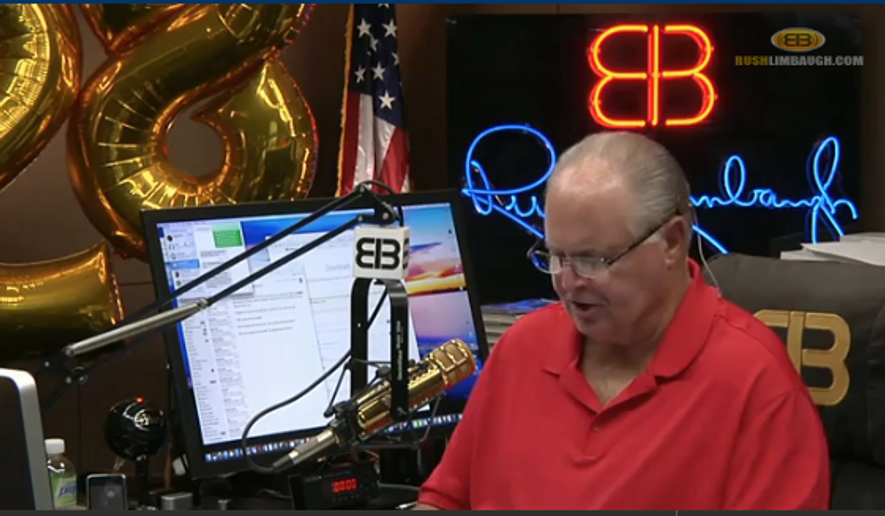 Screen capture from YouTube video of Rush Limbaugh from his August 1, 2016, broadcast, in which he celebrated 28 years of syndication. Accessed via RushLimbaugh.com on August 2, 2016. 