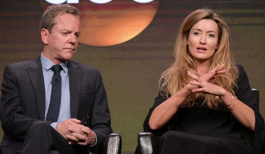 Kiefer Sutherland, left, and Natascha McElhone participate in the "Designated Survivor" panel during the Disney/ABC Television Critics Association summer press tour on Thursday, Aug. 4, 2016, in Beverly Hills, Calif. (Photo by Richard Shotwell/Invision/AP)
