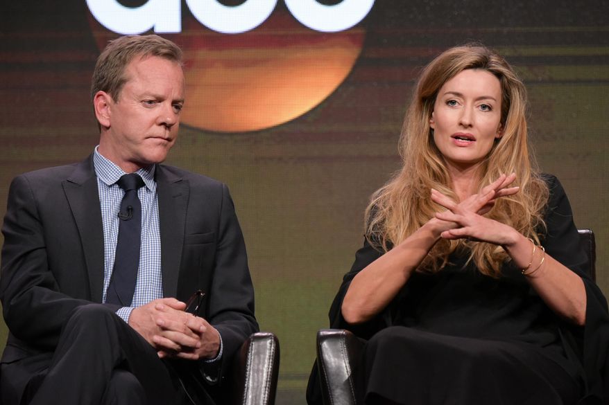 Kiefer Sutherland, left, and Natascha McElhone participate in the "Designated Survivor" panel during the Disney/ABC Television Critics Association summer press tour on Thursday, Aug. 4, 2016, in Beverly Hills, Calif. (Photo by Richard Shotwell/Invision/AP)