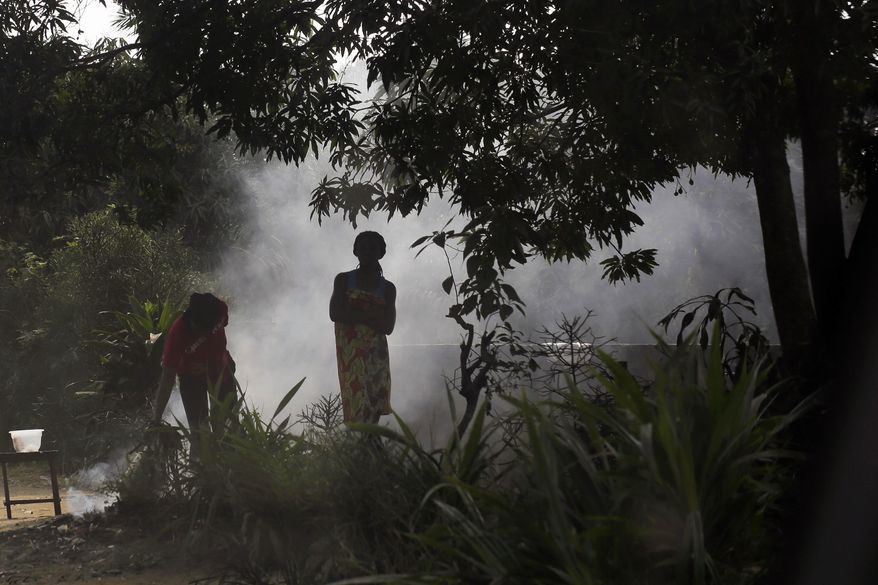 Residents of the Kisenso district of Kinshasa, Congo, stand by a smoking fire on Wednesday, July 20, 2016. There is much uncertainty about the control of yellow fever in Congo, where a surge of cases could spark further waves of the epidemic. (AP Photo/Jerome Delay)
