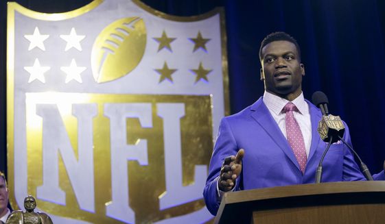 New Orleans Saints&#39; Benjamin Watson speaks to the media after being named a finalist for the Walter Payton NFL Man of the Year Award at a news conference Friday, Feb. 5, 2016, in San Francisco. (AP Photo/Charlie Riedel)
