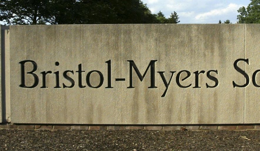 FILE - In this June 15 2005 file photo, a sign stands in front of the Bristol-Myers Squibb Company's headquarters in Lawrence Township, N.J. Bristol-Myers Squibb Co.’s blockbuster cancer treatment Opdivo failed a key study focusing on its use as a lone treatment for lung cancer, prompting a stock plunge, Friday, Aug. 5, 2016. The drug is already approved as a treatment for melanoma, kidney cancer and lung cancer following chemotherapy. (AP Photo/Mel Evans, File)