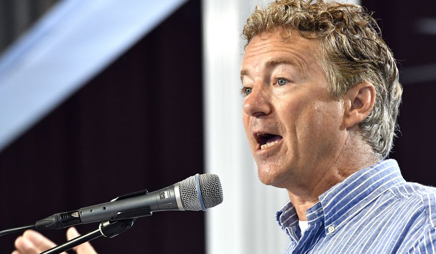 Senator Rand Paul, R-Ky., speaks with the audience at the Fancy Farm Picnic, Saturday, Aug. 6, 2016 in Fancy Farm Ky. (AP Photo/Timothy D. Easley)