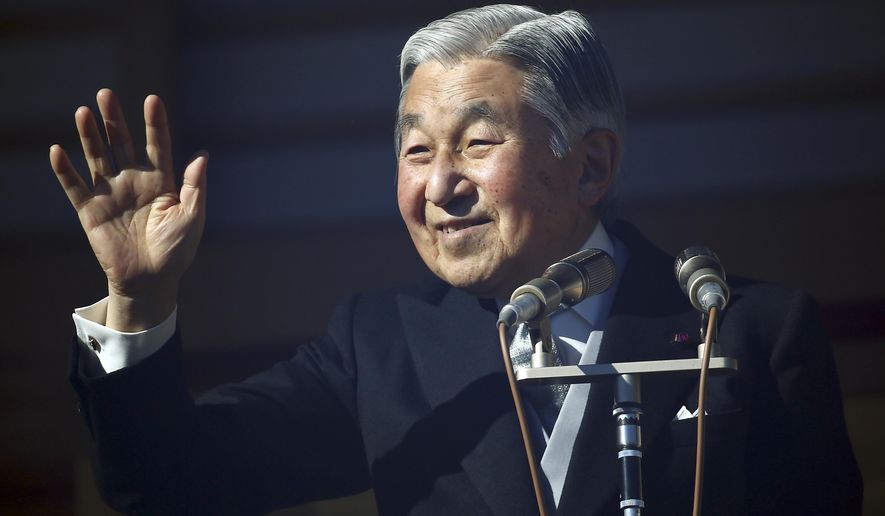In this Dec. 23, 2014 file photo, Japan's Emperor Akihito waves to well-wishers as he and family members appear on the balcony of the Imperial Palace during the emperor's 81th birthday in Tokyo. Japanese will tune in to Emperor Akihito’s rare video message Monday, Aug. 8, 2016 following reports that he would abdicate in the next few years, which initially came as shock but which many people appeared to have welcomed as a deserved rest for the 82-year-old beloved monarch. (AP Photo/Eugene Hoshiko, File)