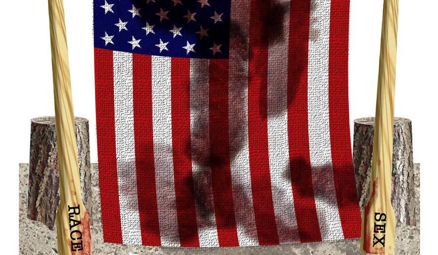 Illustration on the assault on American life by accusations of racism and sexism by Alexander Hunter/The Washington Times