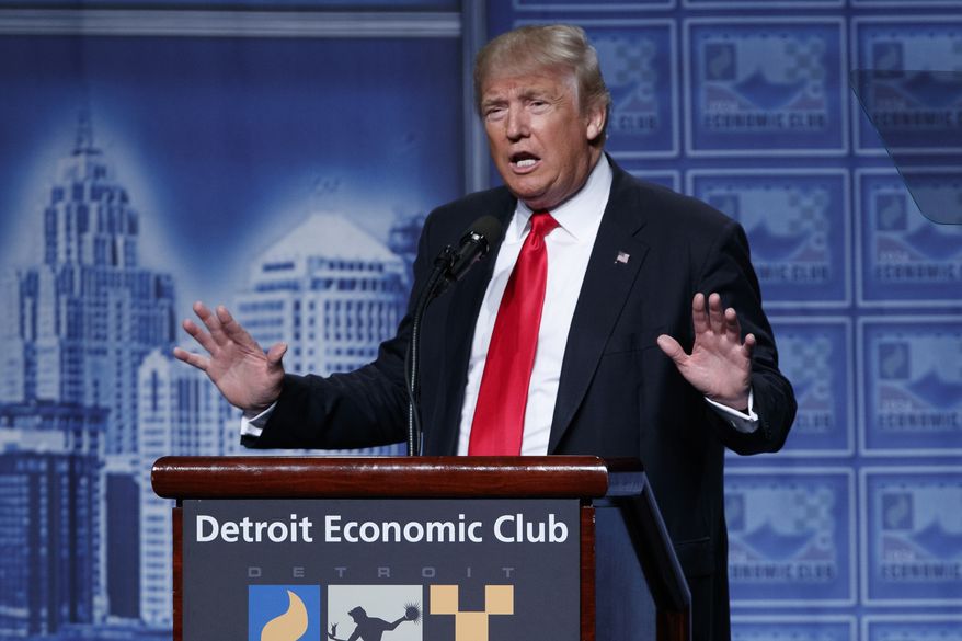 Republican presidential candidate Donald Trump delivers an economic policy speech to the Detroit Economic Club, Monday, Aug. 8, 2016, in Detroit. (AP Photo/Evan Vucci)