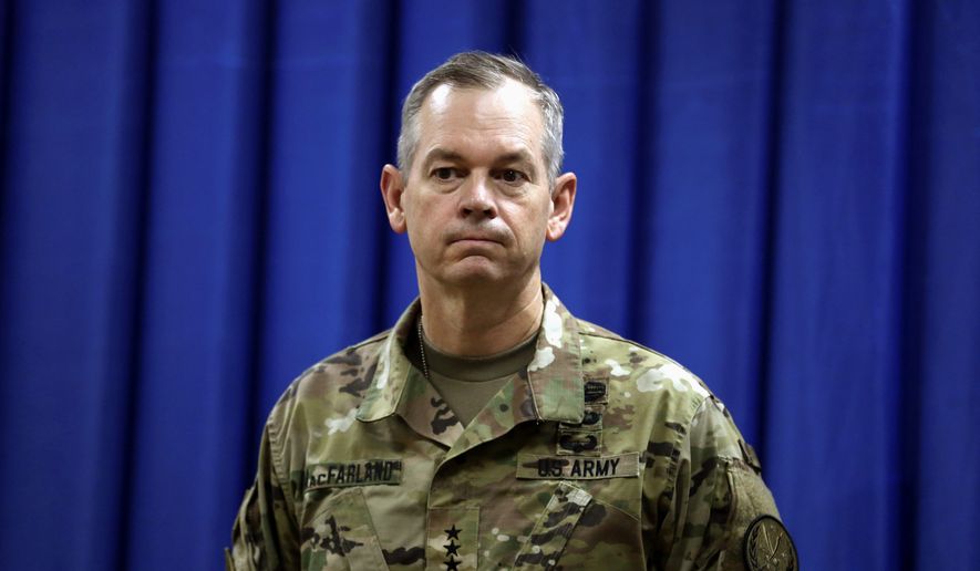 Lt. Gen. Sean MacFarland, the new commander general of the U.S.-led coalition in Iraq, attends a news conference at the U.S. Embassy in the heavily fortified Green Zone in Baghdad, Iraq, Thursday, Oct. 1, 2015. (AP Photo/Khalid Mohammed, Pool) ** FILE **