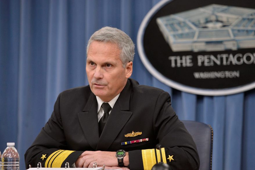 Director, Missile Defense Agency, Vice Adm. James D. Syring holds a press conference in the Pentagon briefing room discussing the President's Fiscal Year 2016 Defense Budget, Feb. 2, 2015. DoD photo by Glenn Fawcett (Released)