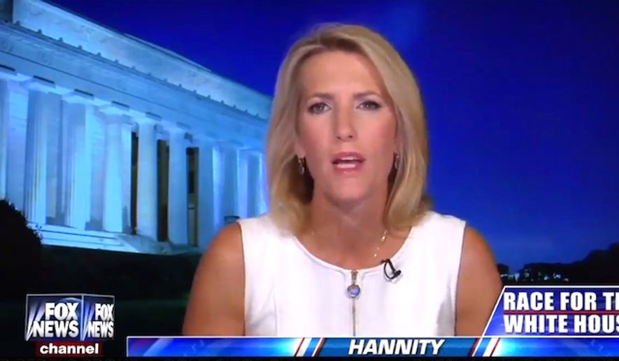 Radio host Laura Ingraham told Fox News&#x27; Sean Hannity on Aug. 10 that it would be &quot;immoral&quot; for the #NeverTrump Republicans not to cast their presidential vote for Donald Trump. (Fox News screenshot) ** FILE **