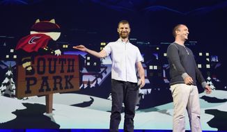 &quot;South Park&quot; creators Matt Stone, left, and Trey Parker discuss the &quot;South Park: The Fractured But Whole&quot; video game onstage at Ubisoft&#39;s E3 2015 Conference at the Orpheum Theatre in Los Angeles, June 15, 2015. (Photo by Chris Pizzello/Invision/AP) ** FILE **