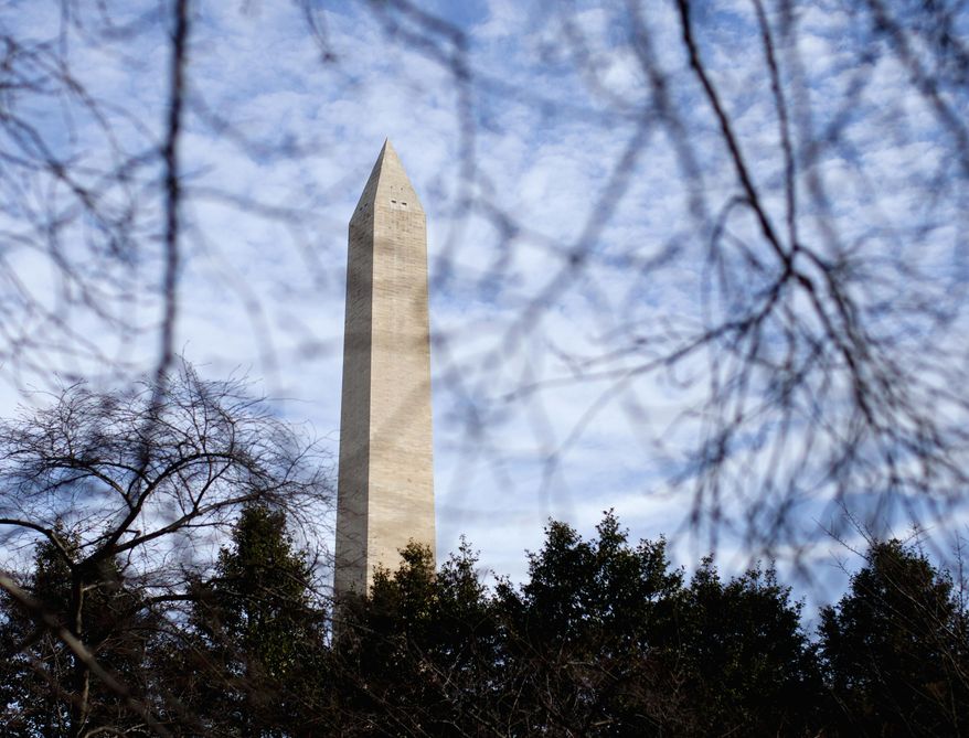 FILE - This March 13, 2015, file photo shows the Washington Monument in Washington. The monument is closed again due to problems with its elevator. The National Park Service says in a statement the monument opened briefly Sunday, Aug. 14, 2016, before the elevator got stuck at the 490 feet level. The monument was closed for nearly a week in July because of elevator problems. (AP Photo/Carolyn Kaster, File)