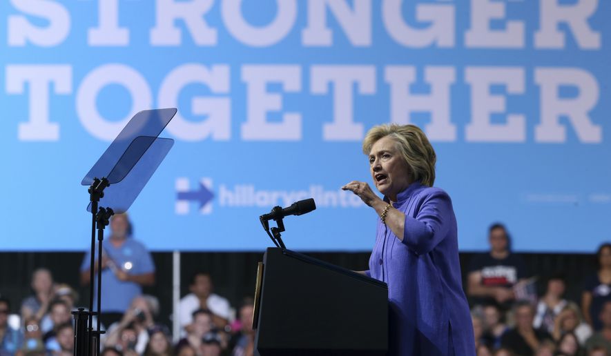 Democratic presidential candidate Hillary Clinton, addresses a gathering at a campaign rally Monday, Aug. 15, 2016, in Scranton, Pa. (AP Photo/Mel Evans)