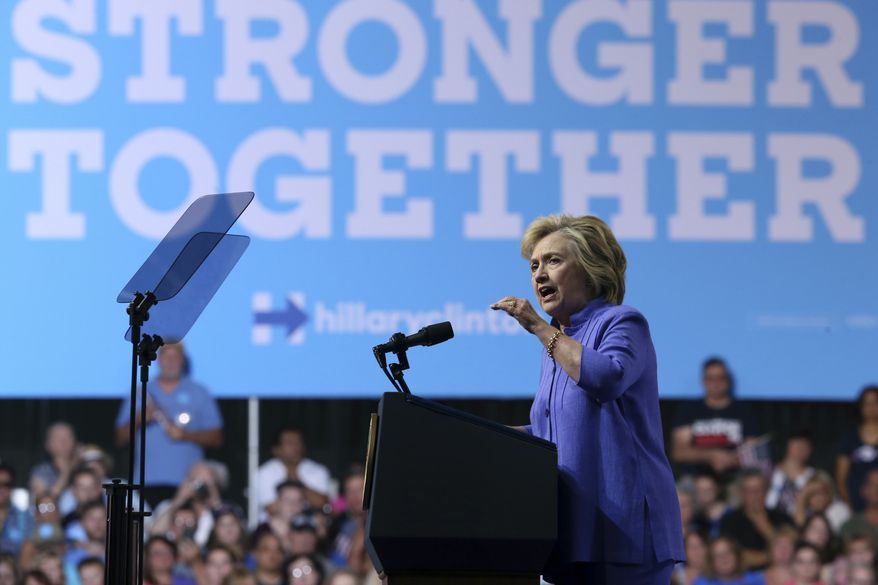 Democratic presidential candidate Hillary Clinton, addresses a gathering at a campaign rally Monday, Aug. 15, 2016, in Scranton, Pa. (AP Photo/Mel Evans)