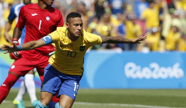 Brazil&#x27;s Neymar celebrates after his side&#x27;s first goal during a semifinal match of the men&#x27;s Olympic football tournament against Honduras at the Maracana stadium in Rio de Janeiro, Brazil, Wednesday Aug. 17, 2016. Neymar scored just 15 seconds into the game as Brazil took an early lead over Honduras. It was the fastest goal ever scored in the men&#x27;s Olympic tournament.(AP Photo/Silvia Izquierdo)
