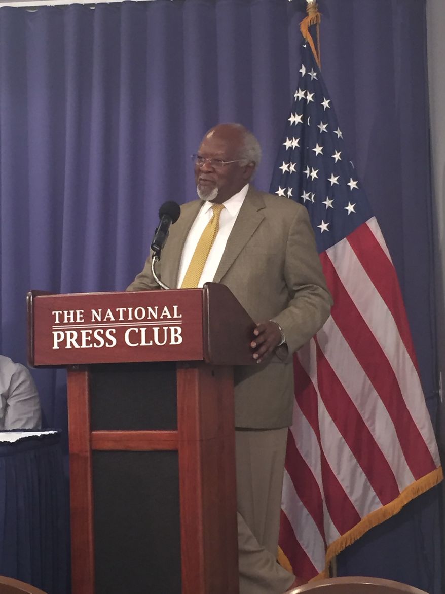 Dr. Julius Garvey, the youngest son of the late black nationalist leader Marcus Garvey, holds an Aug. 17 press conference at the National Press Club in Washington, D.C. Dr. Garvey and other social activists are calling on President Obama to issue a posthumous pardon to Garvey, who was convicted of mail fraud in 1923 based on what some call a racially motivated investigation orchestrated by FBI Director J. Edgar Hoover. Photo by Julia Porterfield / The Washington Times