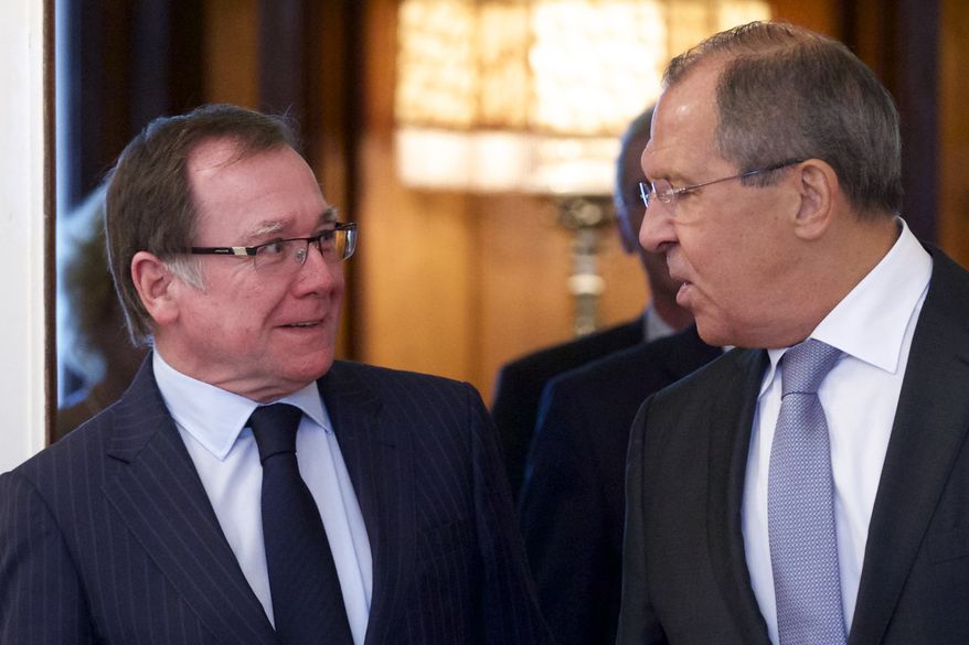 Russia's Foreign Minister Sergey Lavrov, right, welcomes his New Zealand's counterpart Murray McCully during their meeting in Moscow, Russia, on Wednesday, Aug. 17, 2016. (AP Photo/Ivan Sekretarev)