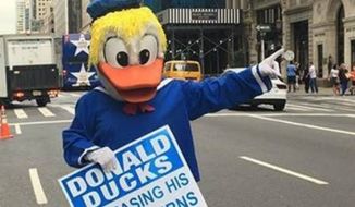The DNC&#39;s new duck-suited Trump heckler, &quot;Donald Ducks.&quot; Photo credit: Democratic National Committee.