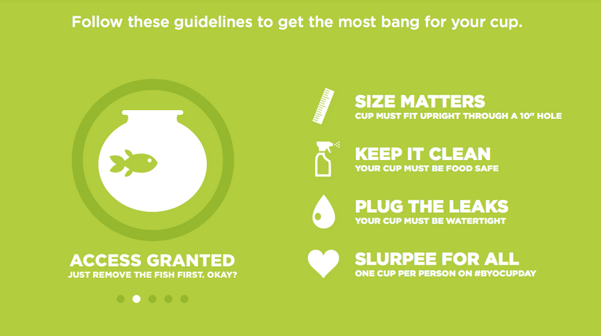 Screen shot from slurpee.com explaining the rules for Bring Your Own Cup day, August 19-20 at 7-Eleven.