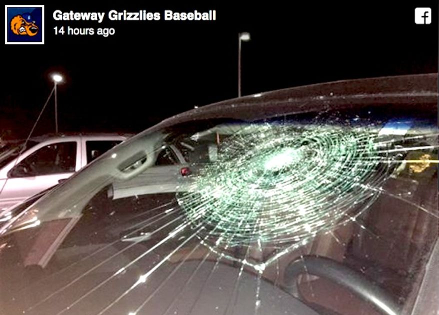 Brandon Thomas of the Frontier League's Gateway Grizzlies broke his own truck's windshield with a grand slam on Sunday, Aug. 21, 2016. (Facebook, Gateway Grizzlies)