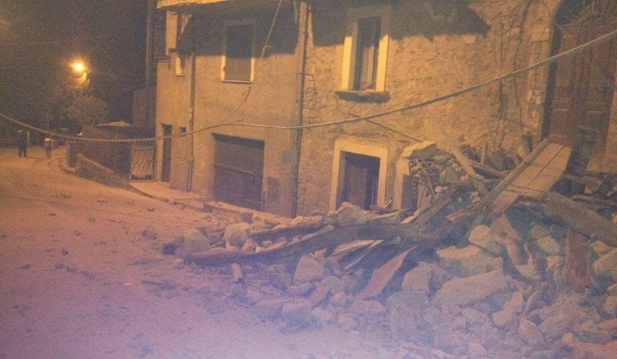 The town of Amatrice in Central Italy was, according to its mayor, destroyed by a series of earthquakes Wednesday morning. (Italian political analyst Massimo Micucci, @buzzico)