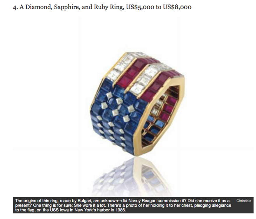 A ring owned by the late Nancy Reagan, up for auction in September at Christie's. Image via screen capture from the National Post.