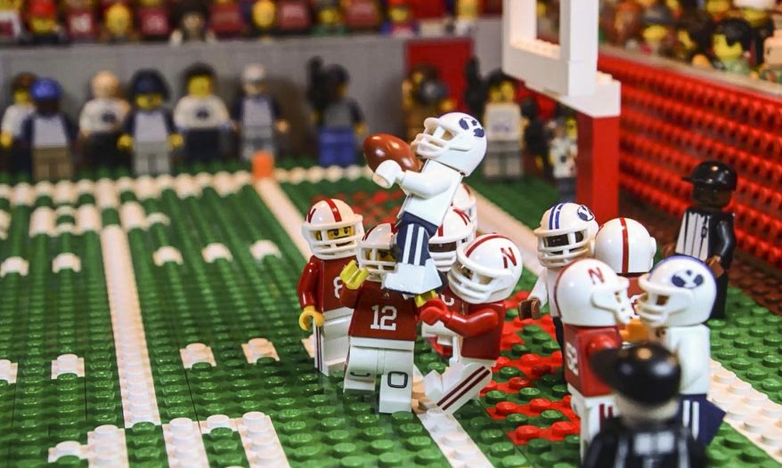 This undated image taken from video provided by Lego animator Jared Jacobs shows a frame from a video he created of BYU's Mitch Mathews catching a 42-yard pass by BYU quarterback Tanner Mangum with no time left to beat Nebraska 33-28 in Lincoln, Neb., last September. It took 30 hours to make the frame-by-frame video. (Jared Jacobs via AP)
