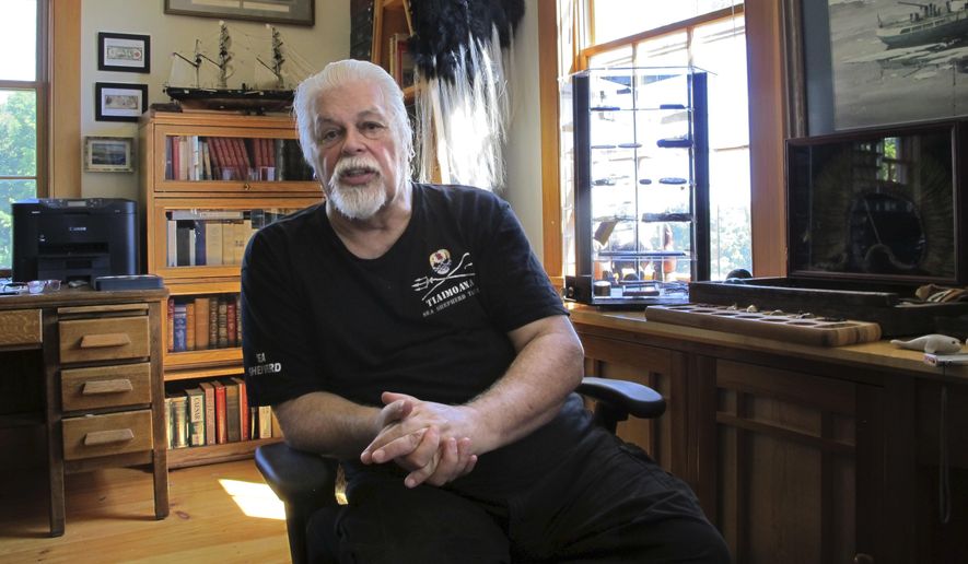 In this Aug. 23, 2016 photo, Paul Watson, founder of the Sea Shepherd Conservation Society, made famous by the television show "Whale Wars" discusses a recent legal battle over anti-whaling activities, at his home office in Woodstock, Vt. Japan's Institute of Cetacean Research and a whale ship operator announced this week they'd reached an agreement with Sea Shepherd Conservation Society over those anti-whaling activities. Watson said the settlement only prevents the group's U.S. organization from interfering with Japanese whalers in the Southern Ocean. (AP Photo/Lisa Rathke)