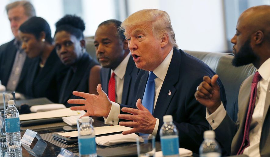 Republican presidential candidate Donald Trump holds a roundtable meeting with the Republican Leadership Initiative in his offices at Trump Tower in New York, Thursday, Aug. 25, 2016. Dr. Ben Carson is seated next to Trump at center. (AP Photo/Gerald Herbert)