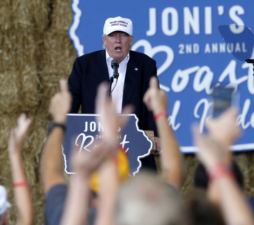 Republican presidential candidate Donald Trump speaks at Joni's Roast and Ride during a fundraiser at the Iowa State Fairgrounds, in Des Moines, Iowa, Saturday, Aug. 27, 2016. (AP Photo/Gerald Herbert)