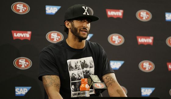San Francisco 49ers quarterback Colin Kaepernick answers questions at a news conference after an NFL preseason football game against the Green Bay Packers Friday, Aug. 26, 2016, in Santa Clara, Calif. Green Bay won the game 21-10. (AP Photo/Ben Margot)