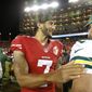 San Francisco 49ers quarterback Colin Kaepernick, left, greets Green Bay Packers quarterback Aaron Rodgers at the end of an NFL preseason football game Friday, Aug. 26, 2016, in Santa Clara, Calif. Green Bay won 21-10. (AP Photo/Tony Avelar)