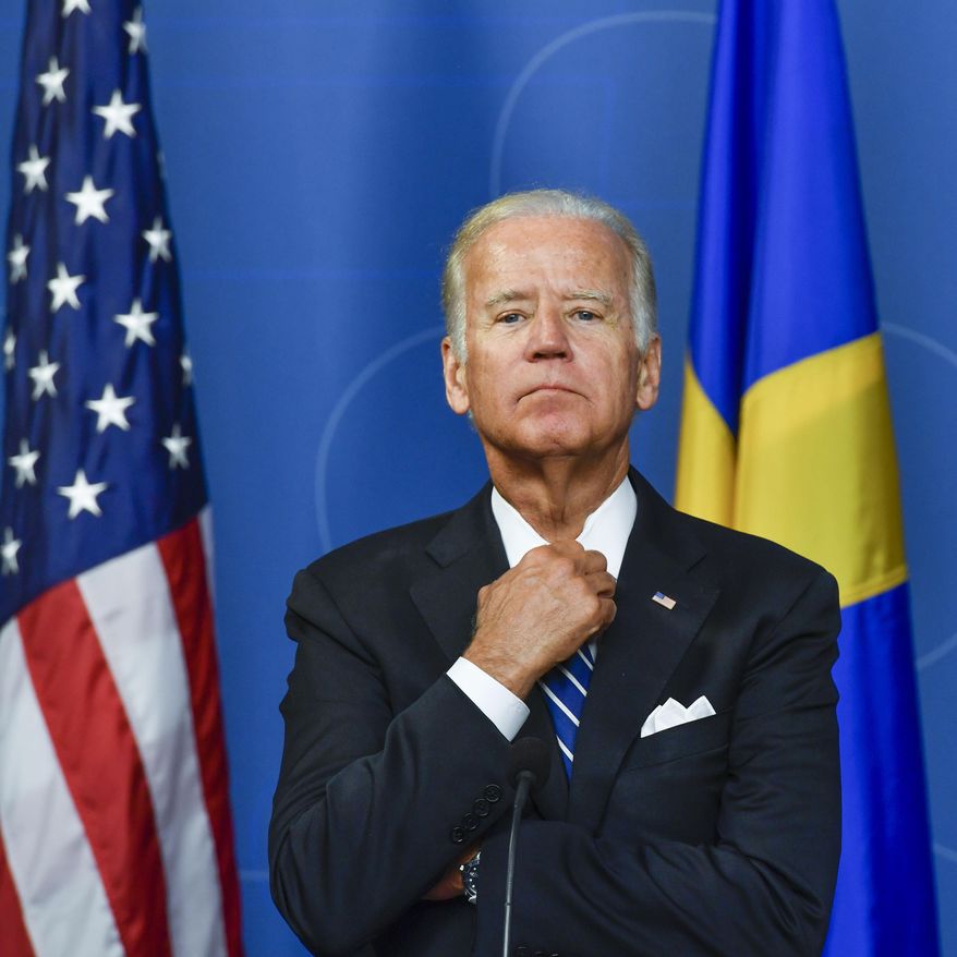 U.S. Vice President Joe Biden is pictured during a press conference at the Swedish government offices Rosenbad in Stockholm, Thursday Aug. 25, 2016. Biden&#39;s one-day visit to Sweden will focus on global migration challenges ahead of a September summit  in New York on refugees. (Anders Wiklund/ TT News Agency via AP)