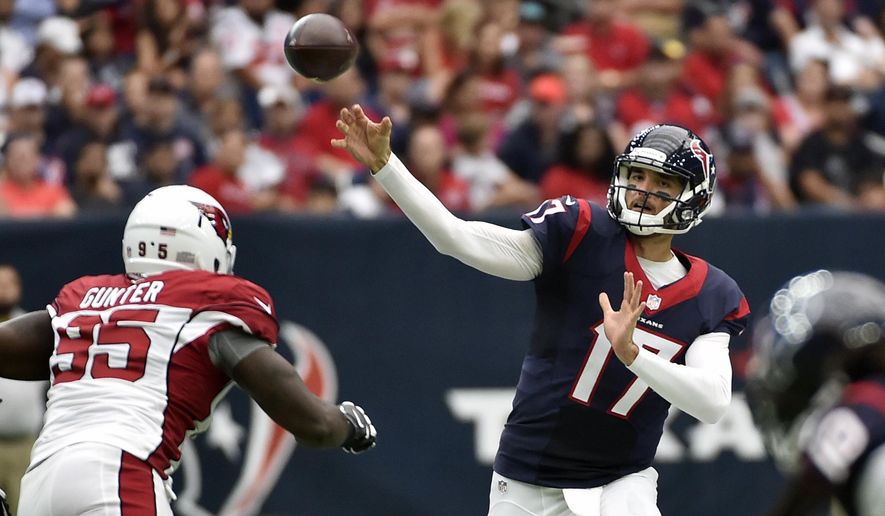 Houston Texans quarterback Brock Osweiler (17) passes against the Arizona Cardinals during the first half of an NFL preseason football game, Sunday, Aug. 28, 2016, in Houston. (AP Photo/Jeff Roberson)