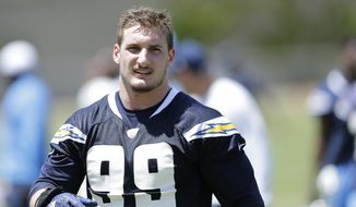 FILE - In this May 13, 2016, file photo, San Diego Chargers rookie defensive end Joey Bosa trains during an NFL football rookie training camp in San Diego. Bosa&#39;s holdout has overshadowed everything else going on with the Chargers, who went public with the contract dispute.  (AP Photo/Gregory Bull, File)