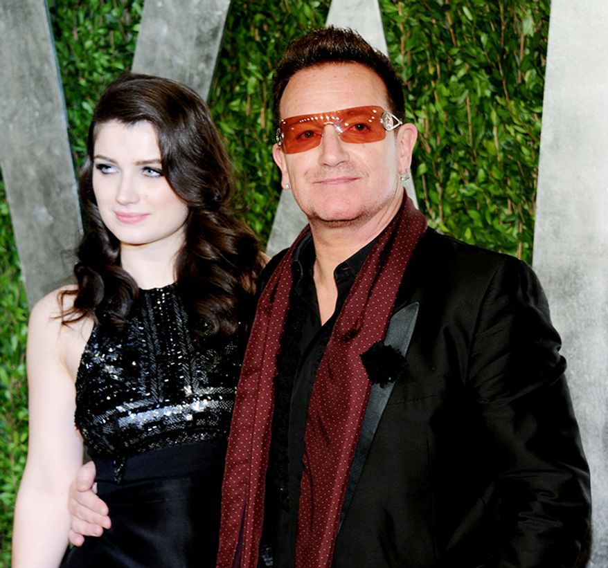 U2 frontman, Bono is married to Alison Hewson. The couple have four children: daughters Jordan and Memphis Eve and sons Elijah Bob Patricius Guggi Q and John Abraham. (AP Photo)