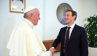 Pope Francis meets Facebook founder and CEO Mark Zuckerberg, at the Santa Marta residence, the guest house in Vatican City where the pope lives, Monday, Aug. 29, 2016. Vatican spokesman Greg Burke says a topic of discussion at Monday’s meeting was “how to use communication technologies to alleviate poverty, encourage a culture of encounter, and make a message of hope arrive, especially to those most in need.’’ (L&#39;Osservatore Romano/Pool Photo via AP)