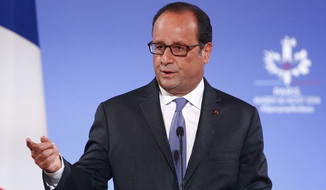 French President Francois Hollande gestures as he addresses French ambassadors, Tuesday Aug. 30, 2016 in Paris. (AP Photo/Francois Mori, Pool)