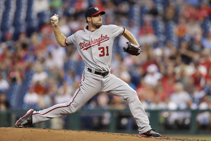 Washington Nationals' Max Scherzer pitches during the first inning of a baseball game against the Philadelphia Phillies, Tuesday, Aug. 30, 2016, in Philadelphia. (AP Photo/Matt Slocum)