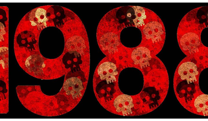 Illustration on the 1988 massacre of 30,000 in Iran by Alexander Hunter/The Washington Times