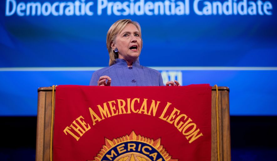 Democratic presidential candidate Hillary Clinton speaks at the American Legion&#39;s 98th Annual Convention at the Duke Energy Convention Center in Cincinnati, Ohio, Wednesday, Aug. 31, 2016. (AP Photo/Andrew Harnik)