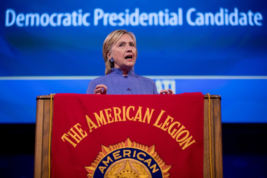 Democratic presidential candidate Hillary Clinton speaks at the American Legion&#39;s 98th Annual Convention at the Duke Energy Convention Center in Cincinnati, Ohio, Wednesday, Aug. 31, 2016. (AP Photo/Andrew Harnik)
