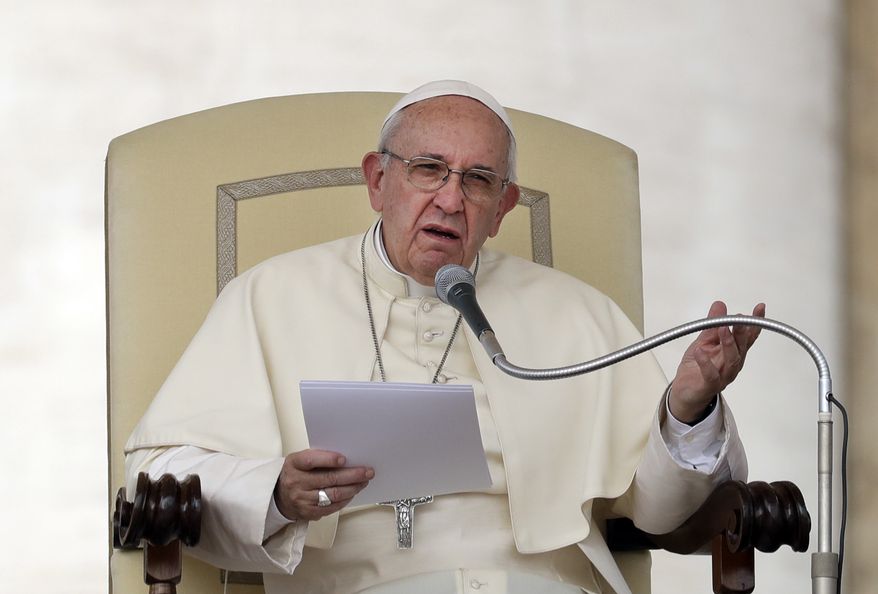 Pope Francis delivers his speech during the general audience he held in St. Peter's Square, at the Vatican, Wednesday, Aug. 31, 2016. (AP Photo/Andrew Medichini)