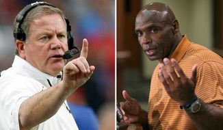 FILE - At left, in a Jan. 1, 2016, file photo, Notre Dame head coach Brian Kelly makes a call during the first half of the Fiesta Bowl NCAA College football game against Ohio State in Glendale, Ariz. At right, in an Aug. 5, 2016, file photo, Texas football coach Charlie Strong talks about the upcoming season, in Austin, Texas. Now this is the way to start the college football season. Texas vs. Notre Dame. (Ralph Barrera/Austin American-Statesman via AP)